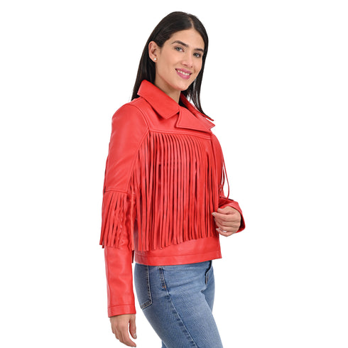 Chamarra de Piel Roja para Dama con Flecos Estilo Western.